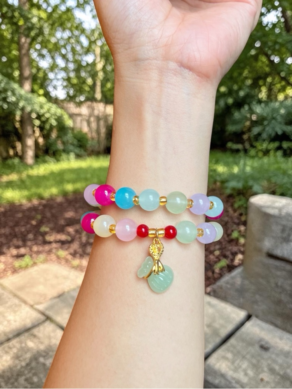 Gold Charm Multicolor Beaded Stretch Bracelet NWOT